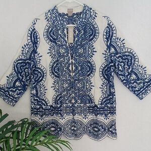 NWT. Chico's White Jacket with Royal Blue Open Work  Embroidery, Scallop Motif